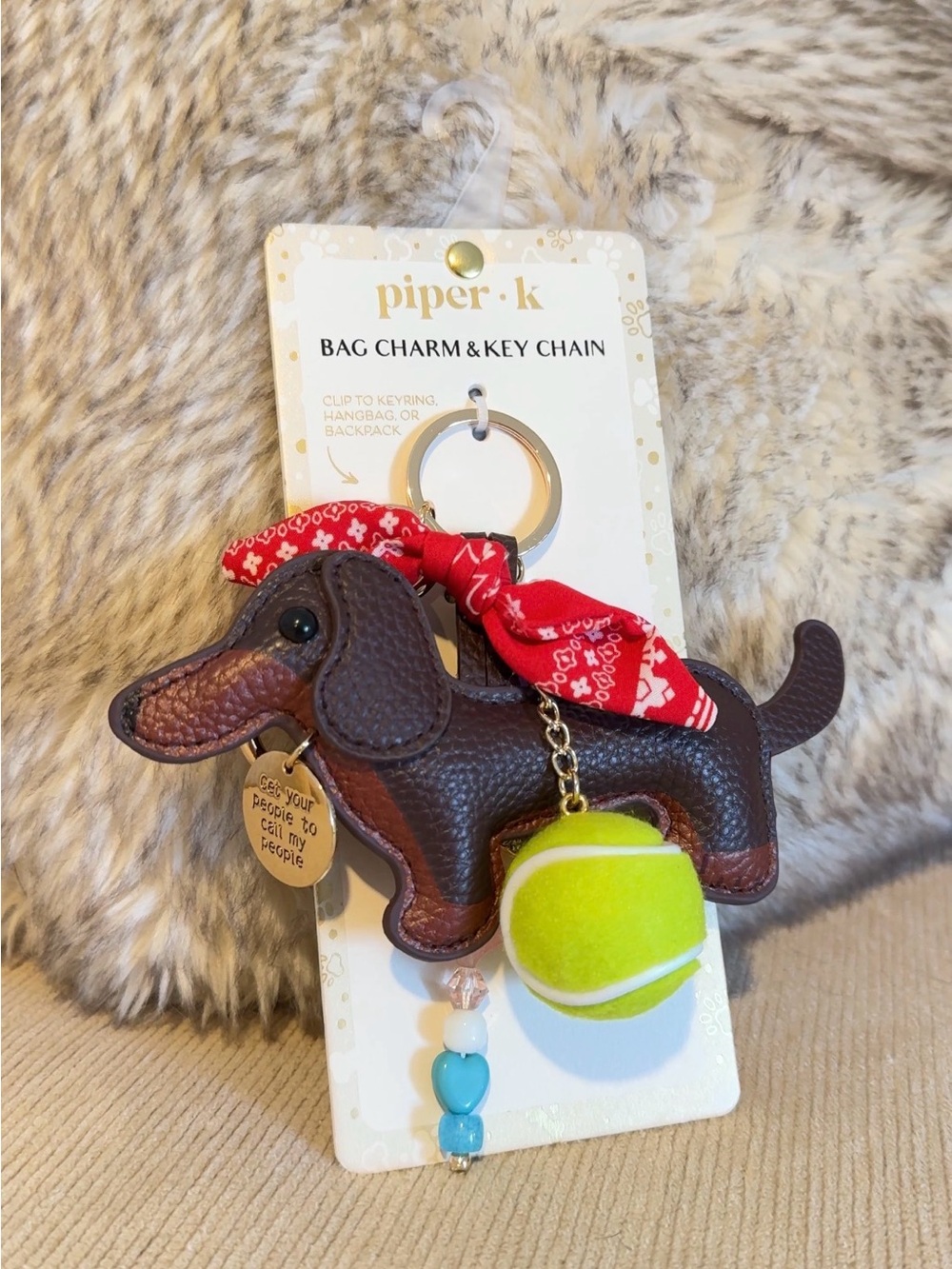 NWT Piper K Dachshund Bag Charm Keychain Tennis Ball Red Bandana Wiener Dog